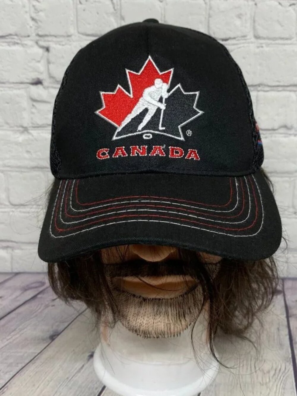 Hockey Canada Hat Cap Strap Back Black Mesh Embroidered Giant Logo One Size